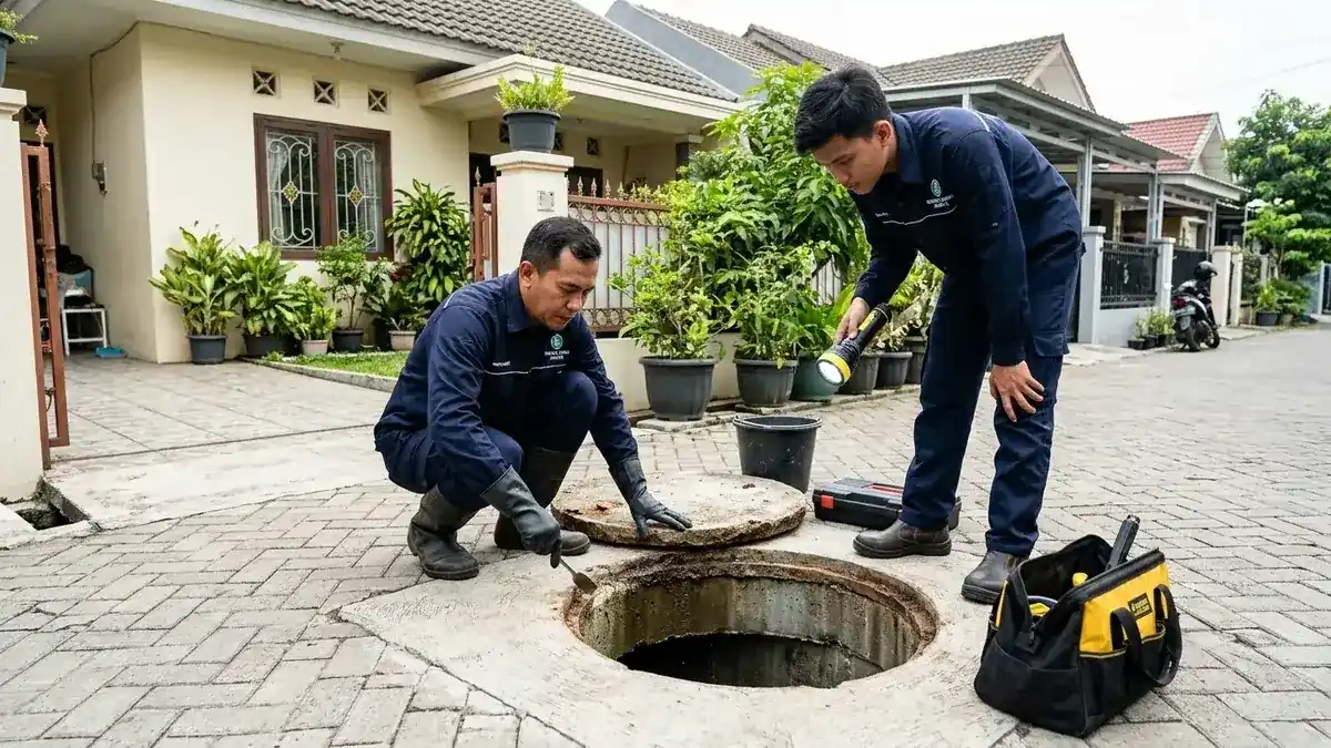 Teknisi sanitasi memeriksa lubang resapan septic tank pemukiman warga Jakarta