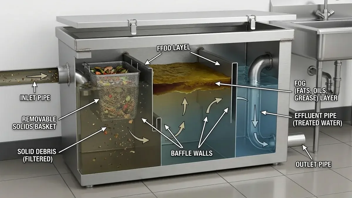 Unit grease trap stainless steel di bawah bak cuci piring dapur restoran