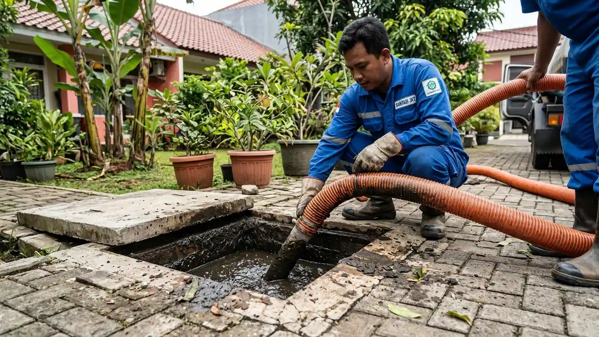 Teknisi mengarahkan selang hisap vakum oranye ke manhole septic tank di halaman paving block rumah Jakarta